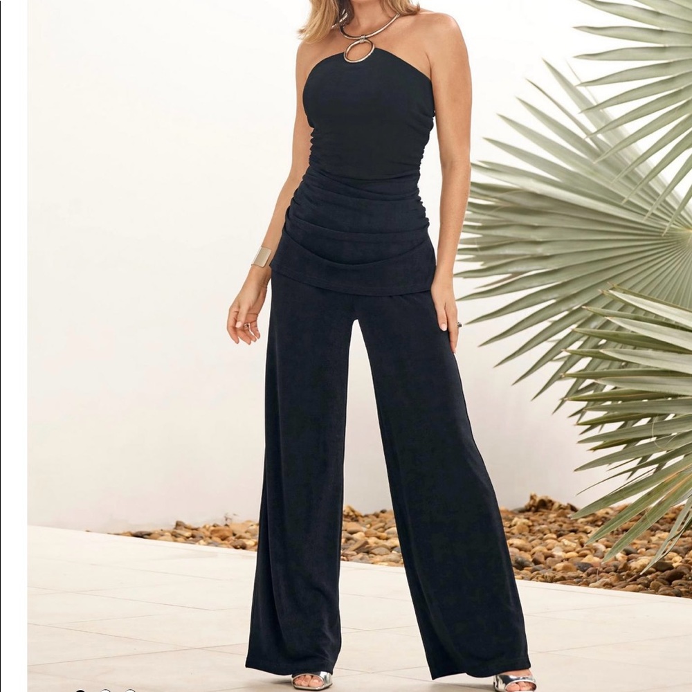 NWT Boston Proper Malibu Slinky High Neck Hardware and Wide Leg Knit Pant Black